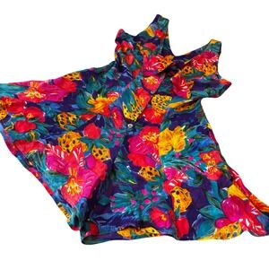 VINTAGE TRIBES VIVID FLORAL RAYON ROMPER BUTTON FRONT TROPICAL RESORT M/L